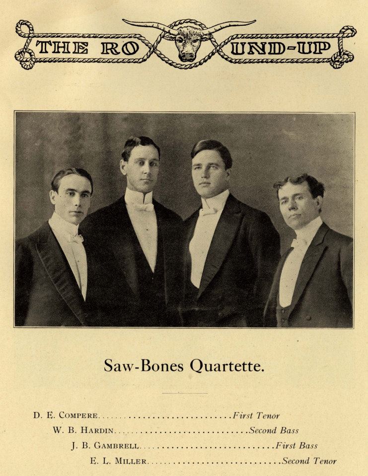 Four Baylor University College of Medicine students pose in The Saw-Bones Quartet photo in the 1909 yearbook.
