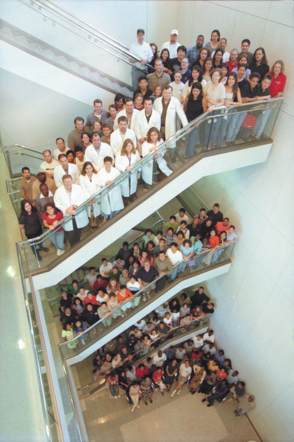 The BCM Human Genome Sequencing Center, pictured in the shape of a double helix, Feb. 2001, when draft of Human Genome Project is released