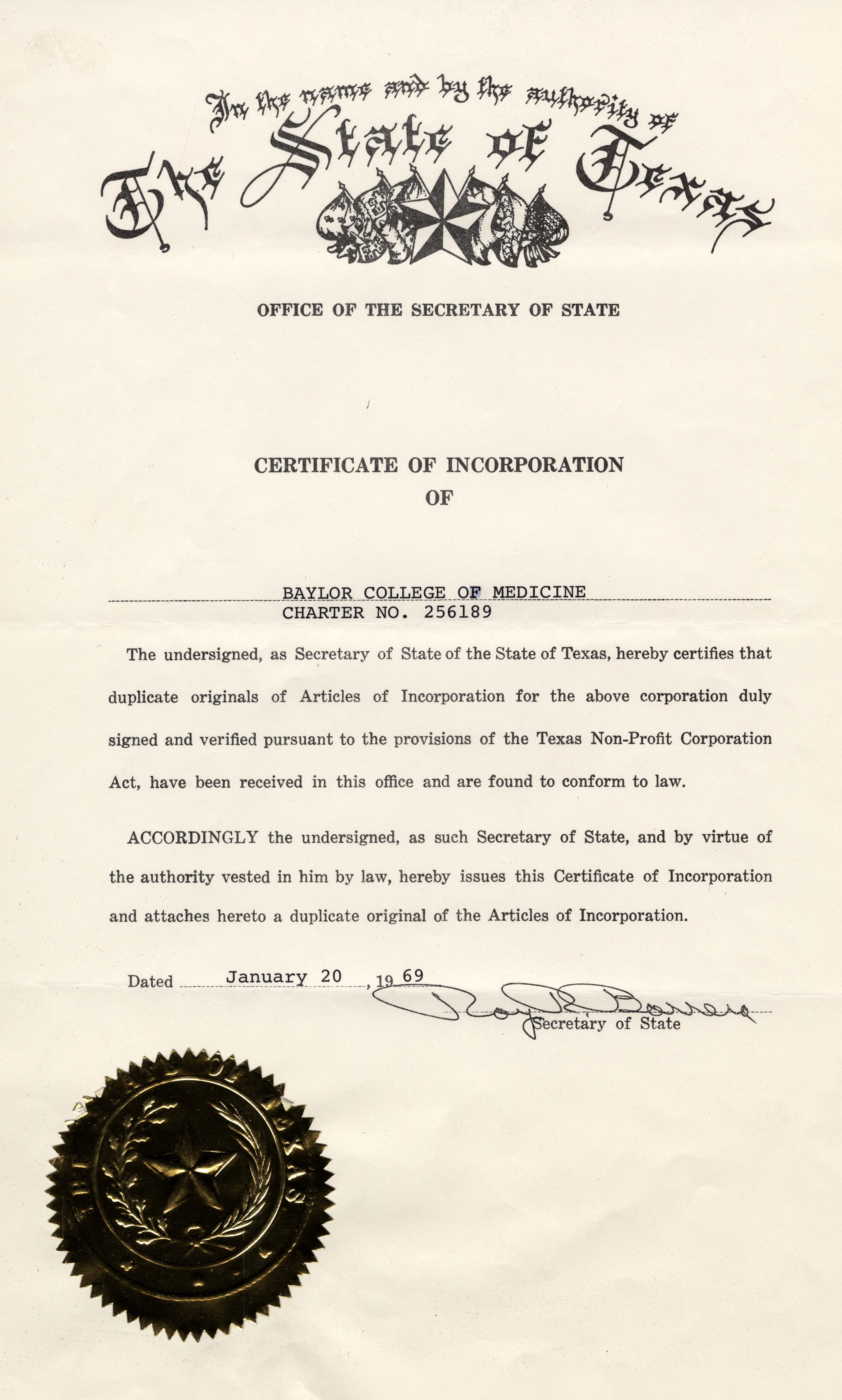 The Certificate of Incorporation for Baylor College of Medicine signed in 1969 by the Texas Legislature. Image courtesy Baylor College of Medicine Archives.