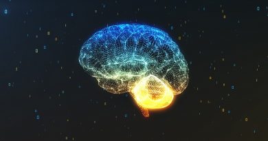 A digital brain in a cloud of numerical information in profile view illustrating concepts of computing