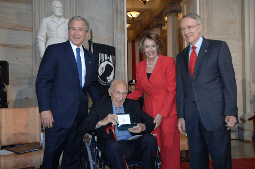 Dr. Michael E. DeBakey poses with, from left, President George W. Bush, House Speaker Nancy Pelosi and Senate Majority Leader Harry Reid during the presentation of Dr. DeBakey's Congressional Gold Medal in 2008.