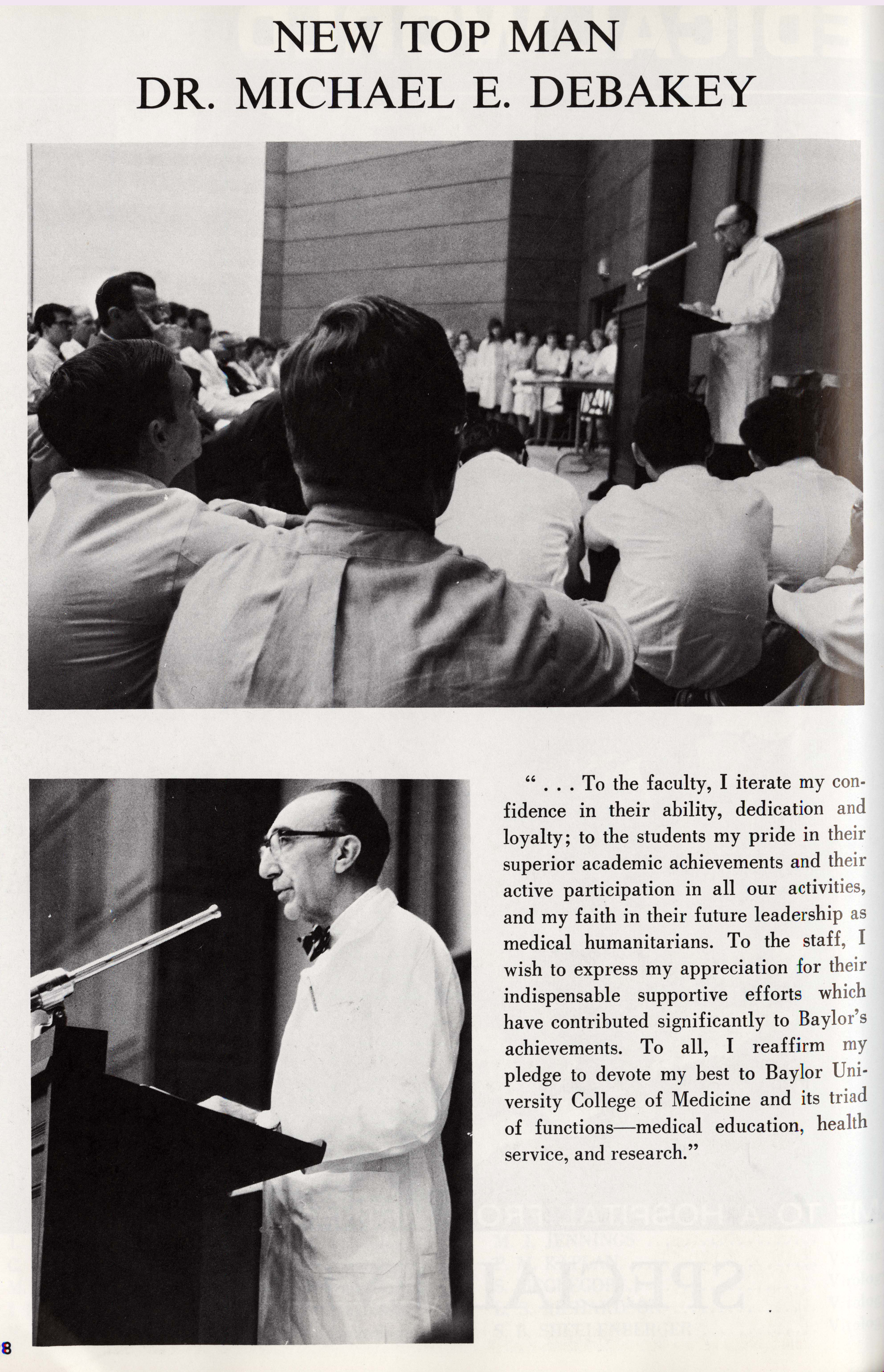Dr. Michael E. DeBakey addresses the College after being named president in 1969. Photo courtesy Baylor College of Medicine Archives.
