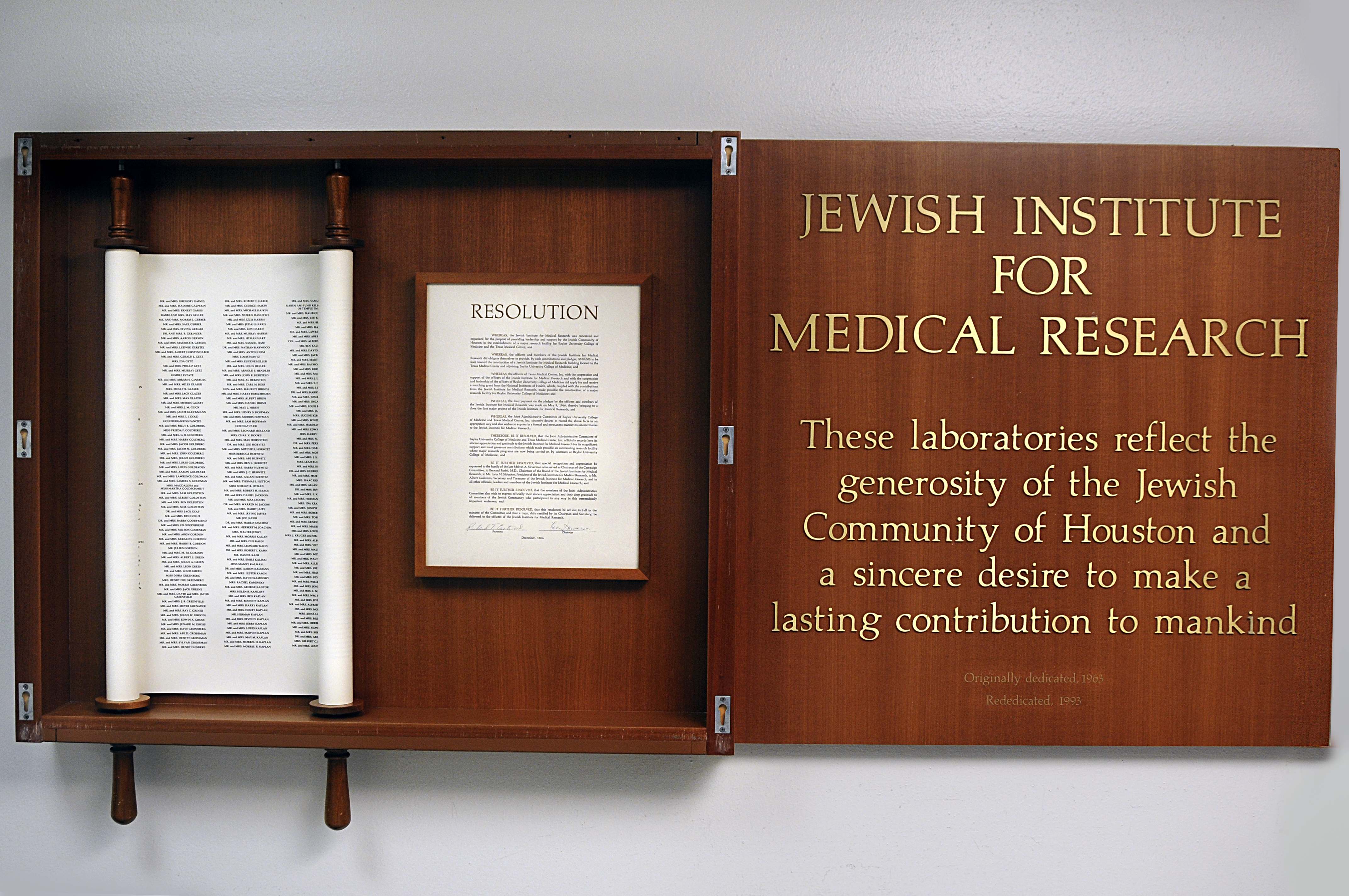 The JIMR donor scroll. Photo courtesy of Baylor College of Medicine Archives.