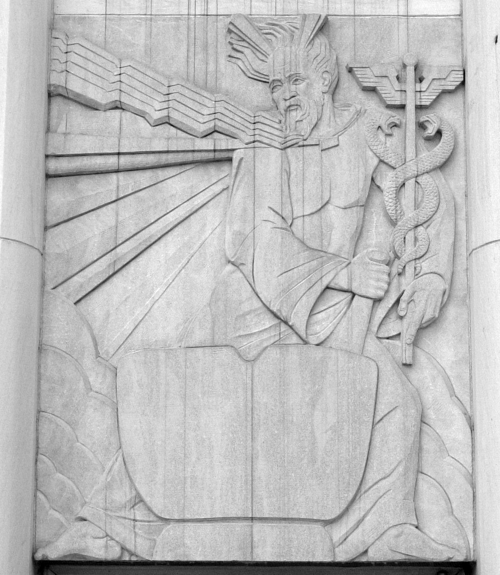 Aesculapius holding his snake-entwined staff and wielding a mortar and pestle.