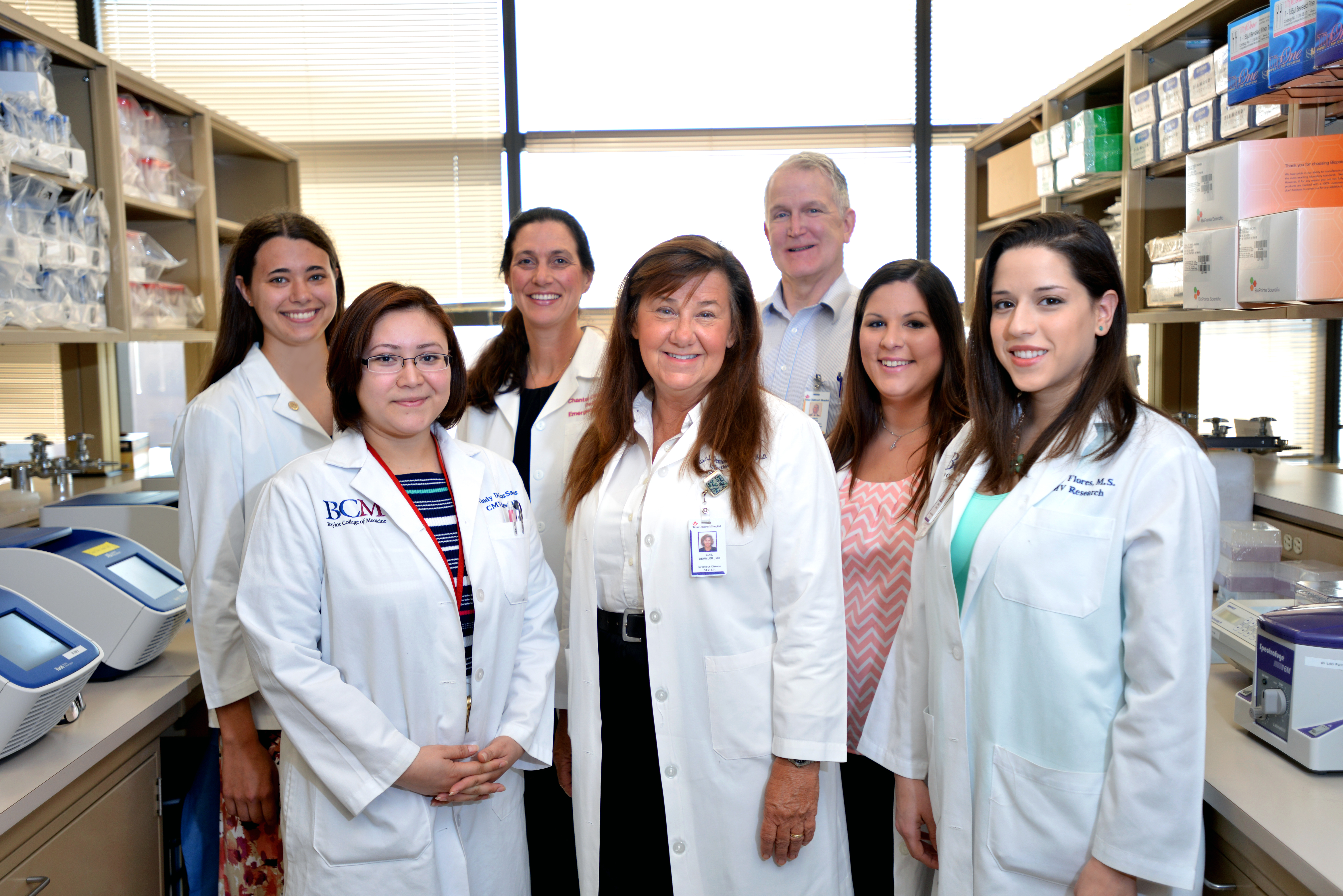 CMV Team at Baylor College of Medicine has been studying congenital cytomegalovirus [CMV] for over 30 years. Current members of the research team are: Back row, left to right: Hanna Baer, M.D., A. Chantal Caviness, M.D. Ph.D MPH, Jerry Miller Ph.D. Front Row: Cindy des los Santos, Gail Demmler-Harrison M.D., Jill Johnson, MA, Marily Flores, MS. Not shown- Douglas Jin, MS2 