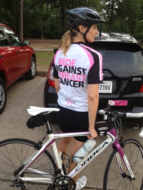 Meggin Crawford shows off her support for breast cancer in the Tour de Pink ride.