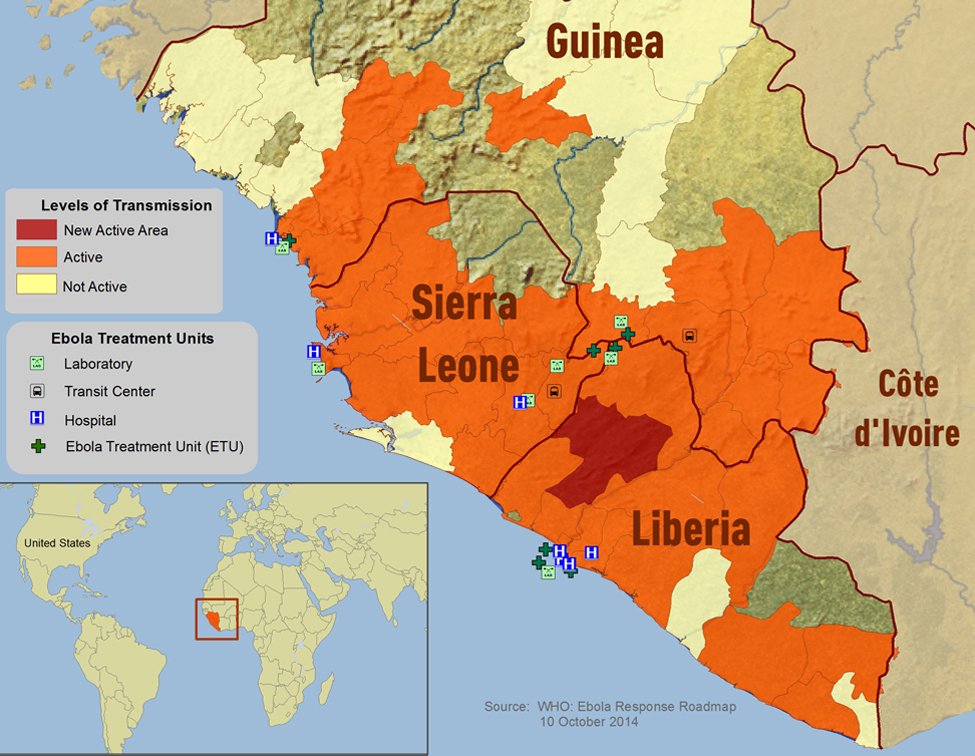 Map of current Ebola outbreak. Courtesy of the World Health Organizations