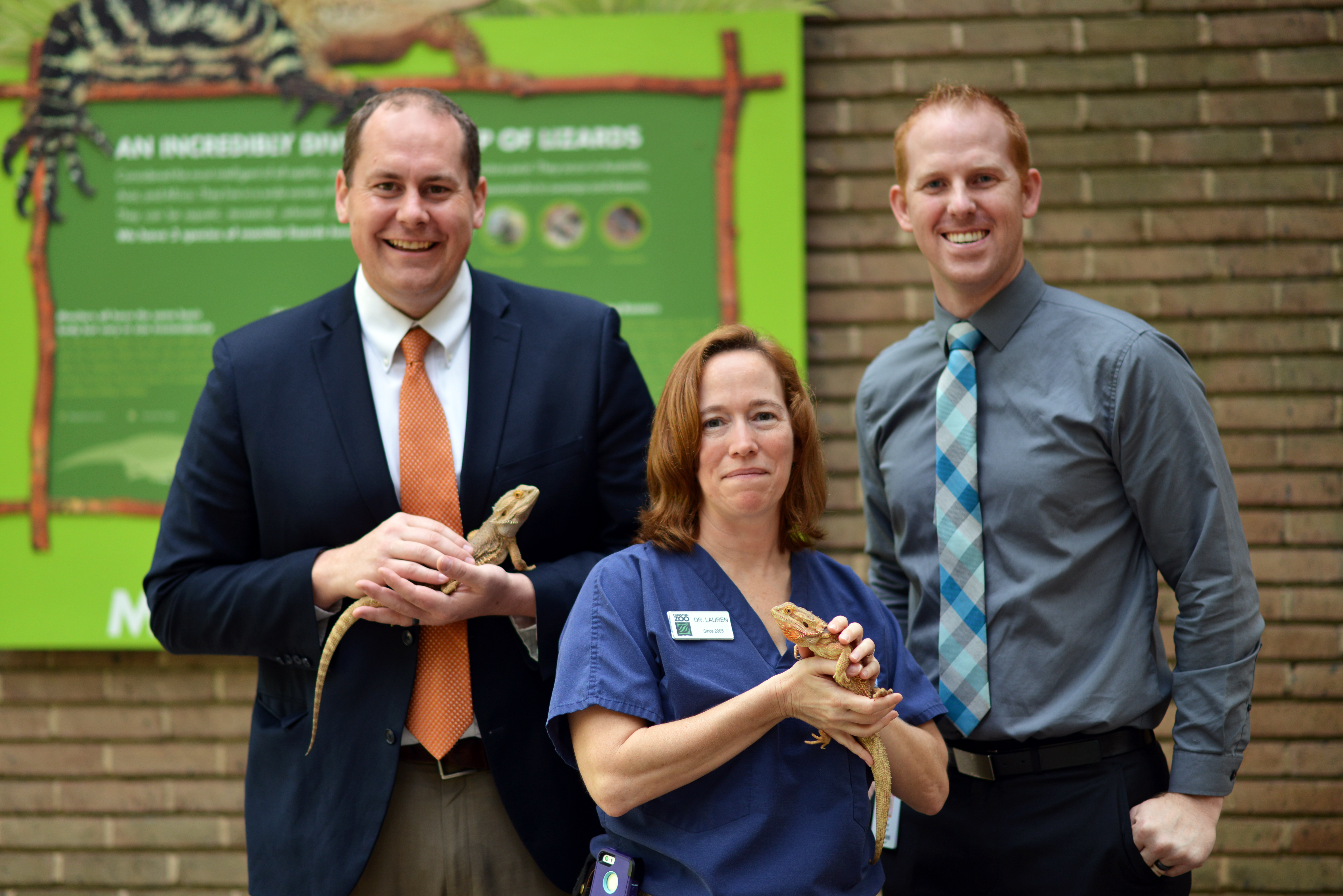 In front, Dr. Lauren Howard, associate veterinarian at the Houston Zoo. In back, from the Baylor College of Medicine Orthotics and Prosthetics Program, Jared Howell, director, and Lorin Merkley, instructor.