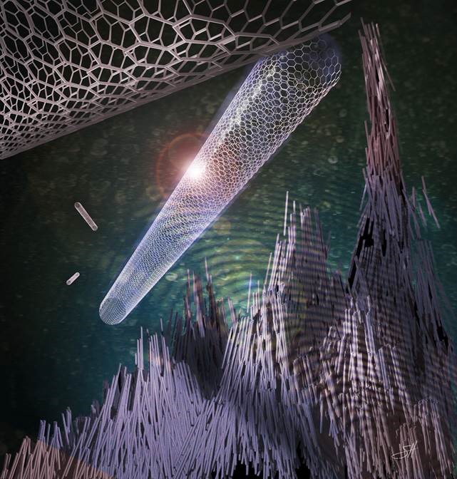 Dr. Stuart Corr of the Baylor department of surgery is working with these  single-walled carbon nanotubes that, when dispersed in an aqueous solution and  exposed to a radio frequency electric field,  start to bundle together and form 'ropes' within the solution. Further, these ropes generate heat a great deal of heat that might be used to kill targeted cancer cells. 