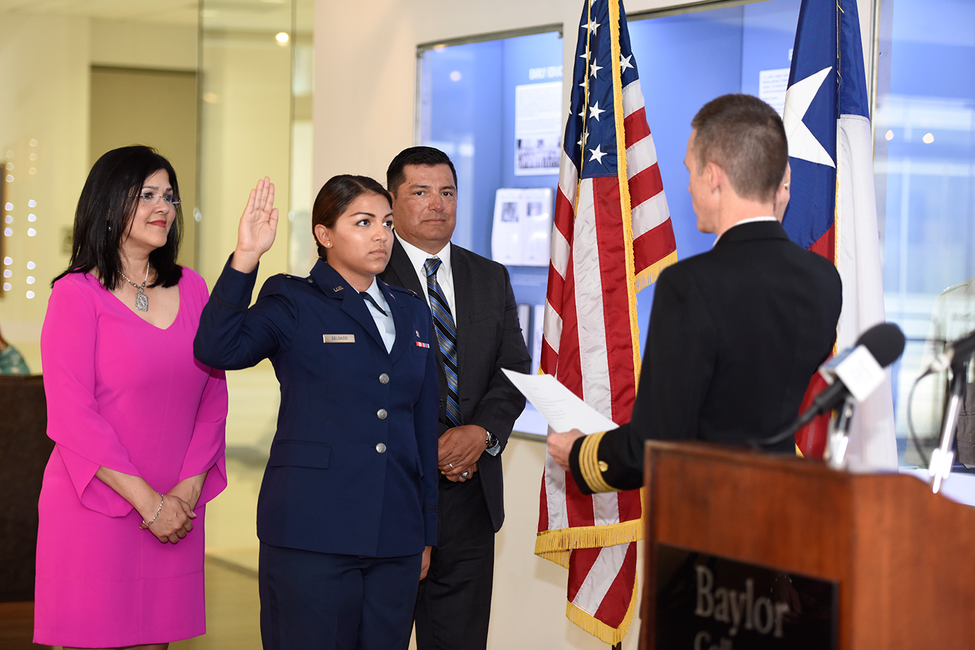 Amanda Delgado is sworn in to the U.S. Air Force during her military commissioning ceremony.