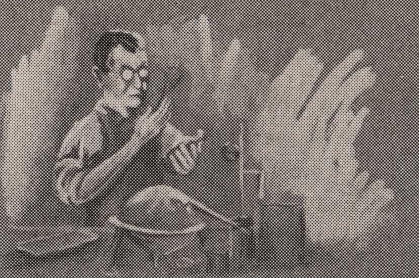 Illustration of a scientist working on an experiment. Courtesy of the Baylor College of Medicine Archives