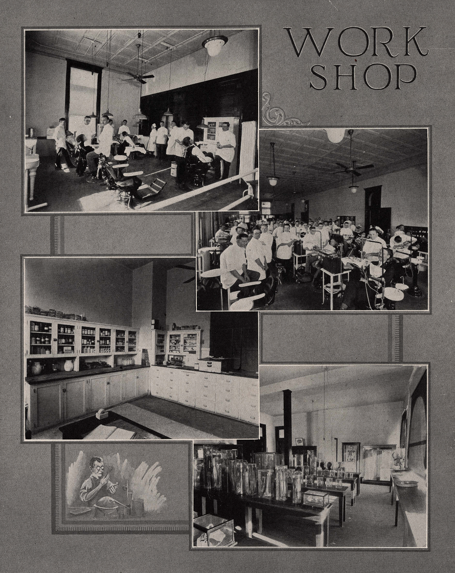 Pictured are: top left, a dental surgery room; top right, the dental infirmary; lower left, a “drug room”; and lower right, an anatomy museum. Courtesy of the Baylor College of Medicine Archives