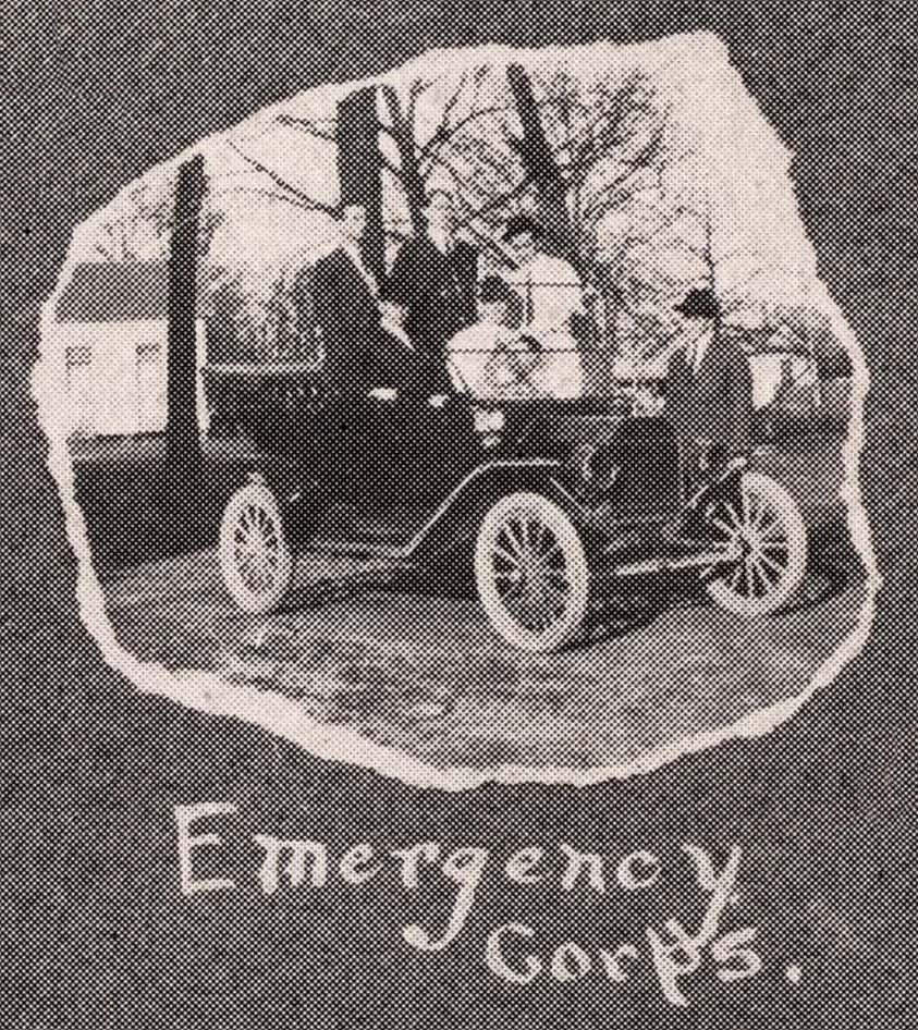 Several young men stand in and around a car that was perhaps used as an ambulance in a 105-year-old photo, courtesy of the Baylor College of Medicine Archives