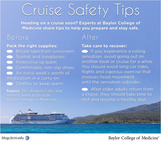 An infographic showing safety tips. An image of a cruise ship sitting on the ocean with words above reading advice. Before the cruise, pack: Broad spectrum sunscreen; Sunhat; Protective lip balm; Sunglasses; Comfortable, non-slip shoes to reduce risk of falling; An extra week’s worth of medication in carry-on luggage; Sweaters or wraps to keep warm. After the cruise, recover carefully: If you experience a rolling sensation, avoid going out on another boat or cruise for a while. You should also avoid long car rides, flights, and vigorous exercise that involves head movement until the sensation subsides; After elder adults return from a cruise, they should take time to rest and resume a healthy diet.