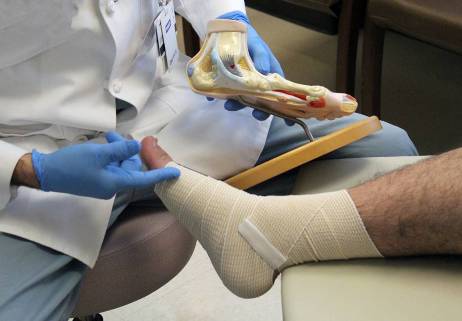 A doctor inspecting a diabetic patient's foot.