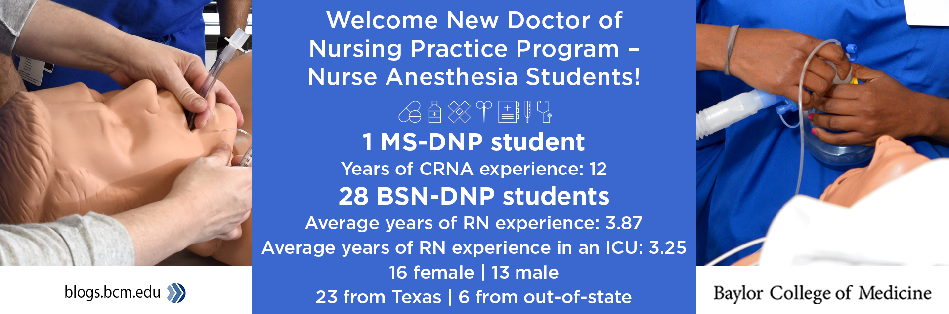 Information on the new students: 1 MS-DNP student with 12 years of CRNA experience. 28 BSN-DNP students. Average years of RN experience: 3.87. Average years of RN experience in an ICU: 3.25. 16 female. 13 male. 23 from Texas. 6 from out-of-state
