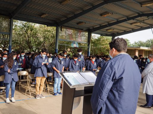 Eighth grade students from the Baylor College of Medicine Biotech Academy at Rusk middle school at their Blue Coat Ceremony on Oct. 20, 2021.