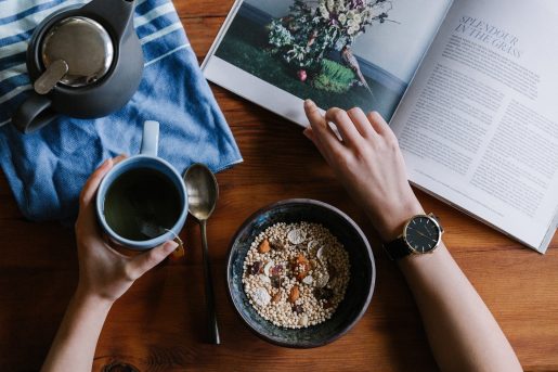 A healthy meal of grains and tea.