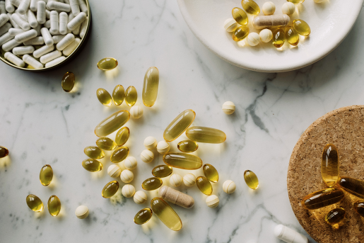 A collection of pills, powders and food additives.