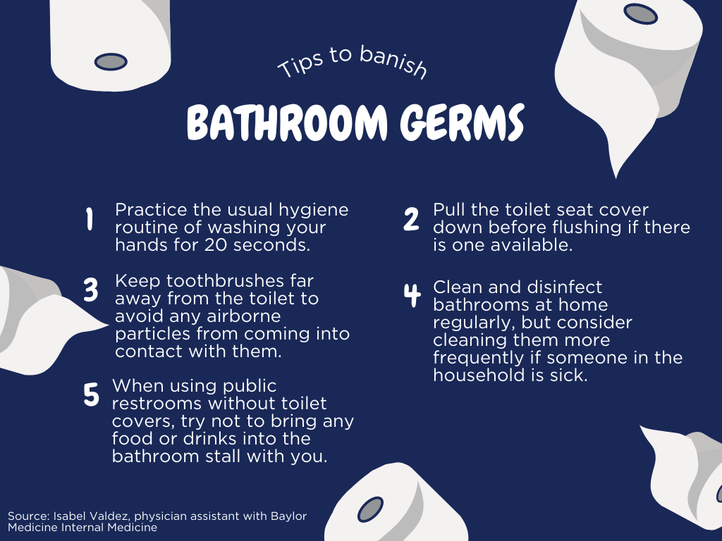 An infographic with the following five tips. Practice the usual hygiene routine of washing your hands for 20 seconds. Pull the toilet seat cover down before flushing if there is one available. Keep toothbrushes far away from the toilet to avoid any airborne particles from coming into contact with them. Clean and disinfect bathrooms at home regularly, but consider cleaning them more frequently if someone in the household is sick. When using public restrooms without toilet covers, try not to bring any food or drinks into the bathroom stall with you.