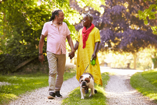 A couple holds hands while on a walk outdoors with their pitbull.