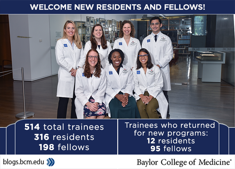 An infographic showing seven members of the pediatrics-critical care fellowship posing together in their white coats. The text reads "Welcome new residents and fellows! 514 total traineers; 316 residents; 198 fellows; 12 residents and 95 fellows returned for new programs."