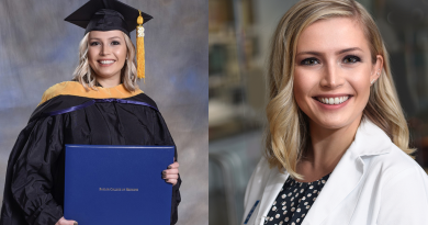 Two pictures of Alexandria Sarenski, side-by-side. On the left, Alexandria is smiling while wearing a graduation cap and gown and holding her Baylor diploma. On the right is Alexandria wearing her white coat as a staff member at Baylor.