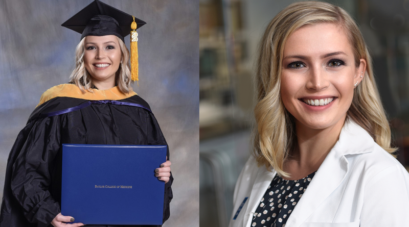 Two pictures of Alexandria Sarenski, side-by-side. On the left, Alexandria is smiling while wearing a graduation cap and gown and holding her Baylor diploma. On the right is Alexandria wearing her white coat as a staff member at Baylor.
