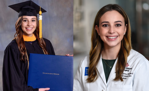 Two side-by-side pictures of Emily Ciocca. On the left, Emily holds her degree and wears a graduation outfit. On the right, Emily wears her doctor's scrubs.