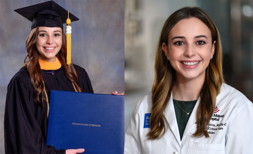 Two side-by-side pictures of Emily Ciocca. On the left, Emily holds her grade  and wears a graduation outfit. On the right, Emily wears her doctor's scrubs.