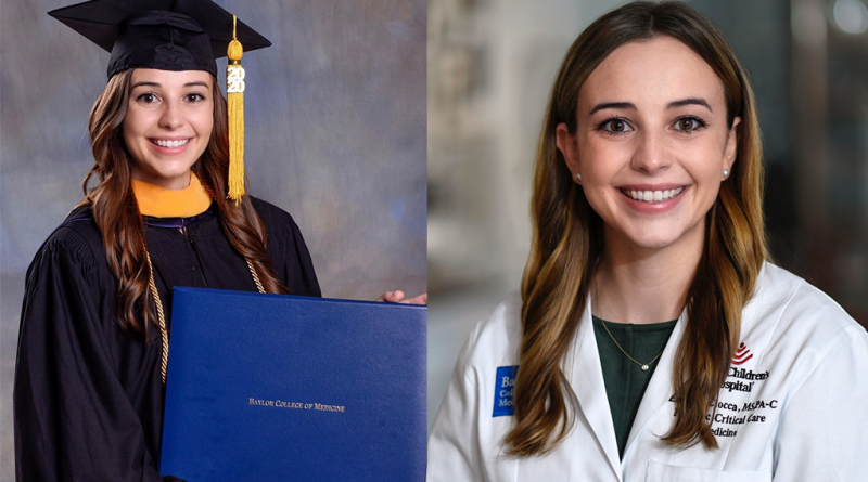 Two side-by-side pictures of Emily Ciocca. On the left, Emily holds her degree and wears a graduation outfit. On the right, Emily wears her doctor's scrubs.