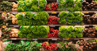 A well-lit grocery store vegetable section. Six shelves full of fresh green romaine lettuce, bright red radishes and assorted root vegetables fill the screen. Everything looks fresh, healthy and delicious.