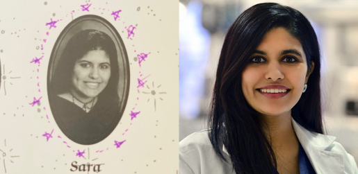 Two pictures of Dr. Sara Andrabi. One is a black and white yearbook photo from her time at DeBakey High School, while the other is her official Baylor employee portrait.