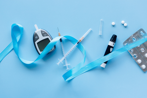 A collection of diabetes testing supplies.