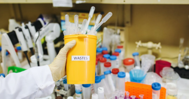 A yellow container labeled "wastes" filled with used medical equipment.