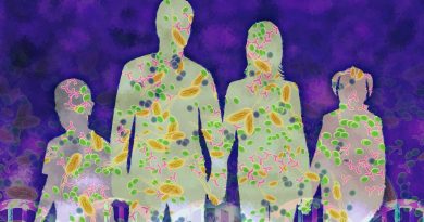 A graphic illustration of a family that appear as silhouettes filled with germs.