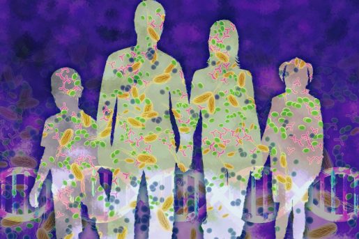 A graphic illustration of a family that appear as silhouettes filled with germs.