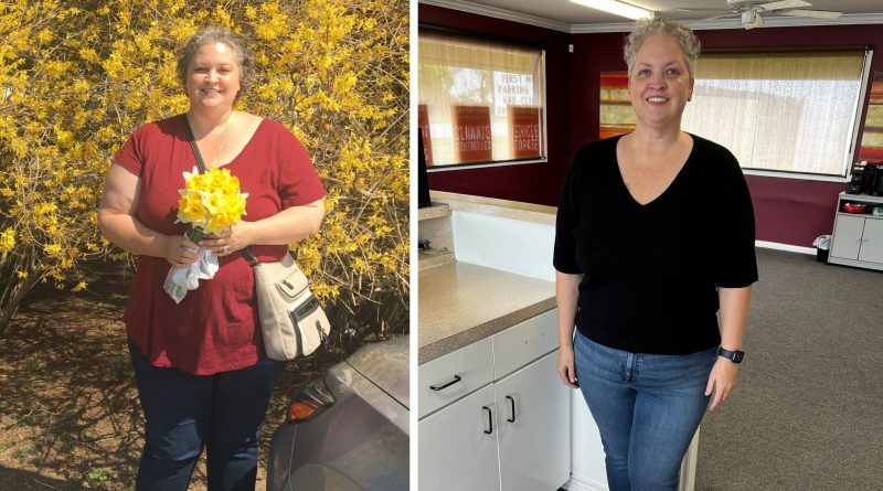 A before-and-after picture of Rebecca Scavello showing her weight loss progress.