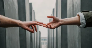 Hands reaching out to each other from between concrete slabs