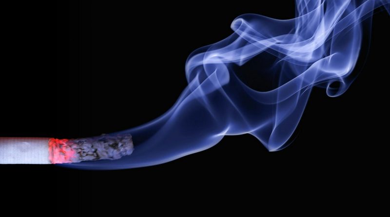 A close-up showing smoke coming out of a lit cigarette.