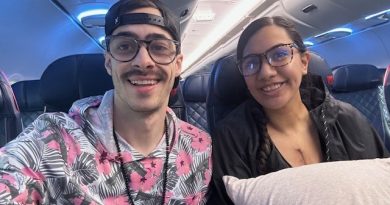 Jasmariah Swenson and her husband while on a flight to Houston.