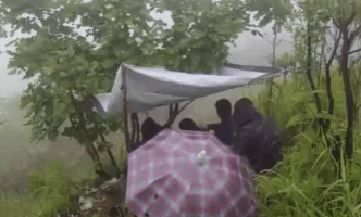 Clinicians huddled together in a rainy forest under a makeshift tent.