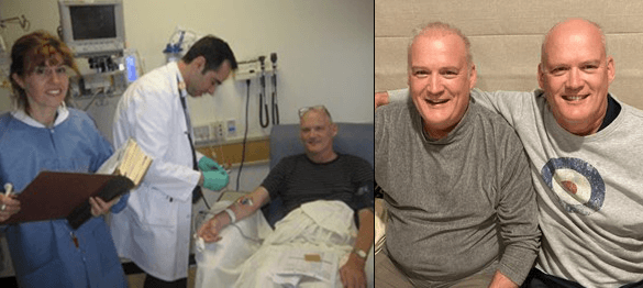Left: Matt Rea receiving CD19 CAR-T cells from Dr. Carlos Ramos and Dr. Barbara Savoldo. Right: Matt Rea with his identical twin brother Will Rea.