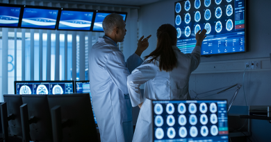 Two doctors in a dark room looking over a wall filled with brain imagery.