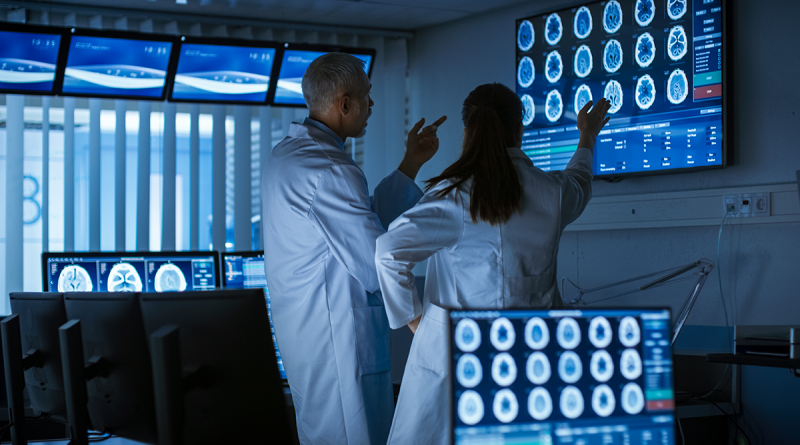 Two doctors in a dark room looking over a wall filled with brain imagery.