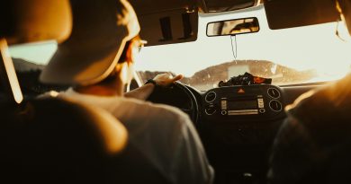 Two people in a car driving toward a bright sun.