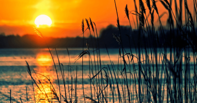 A lake with a bright orange sunset reflecting off it.