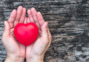 A person holding a heart sculpture in their hand.