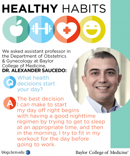 A graphic showing Dr. Alexander Saucedo's health tip about health decisions to start his day, as seen in the article. 