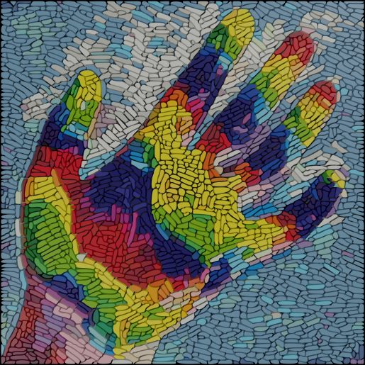 An edited image of a human hand made with many different colord tiles, meant to reflect the genetic diversity found in the human body and other mammals.